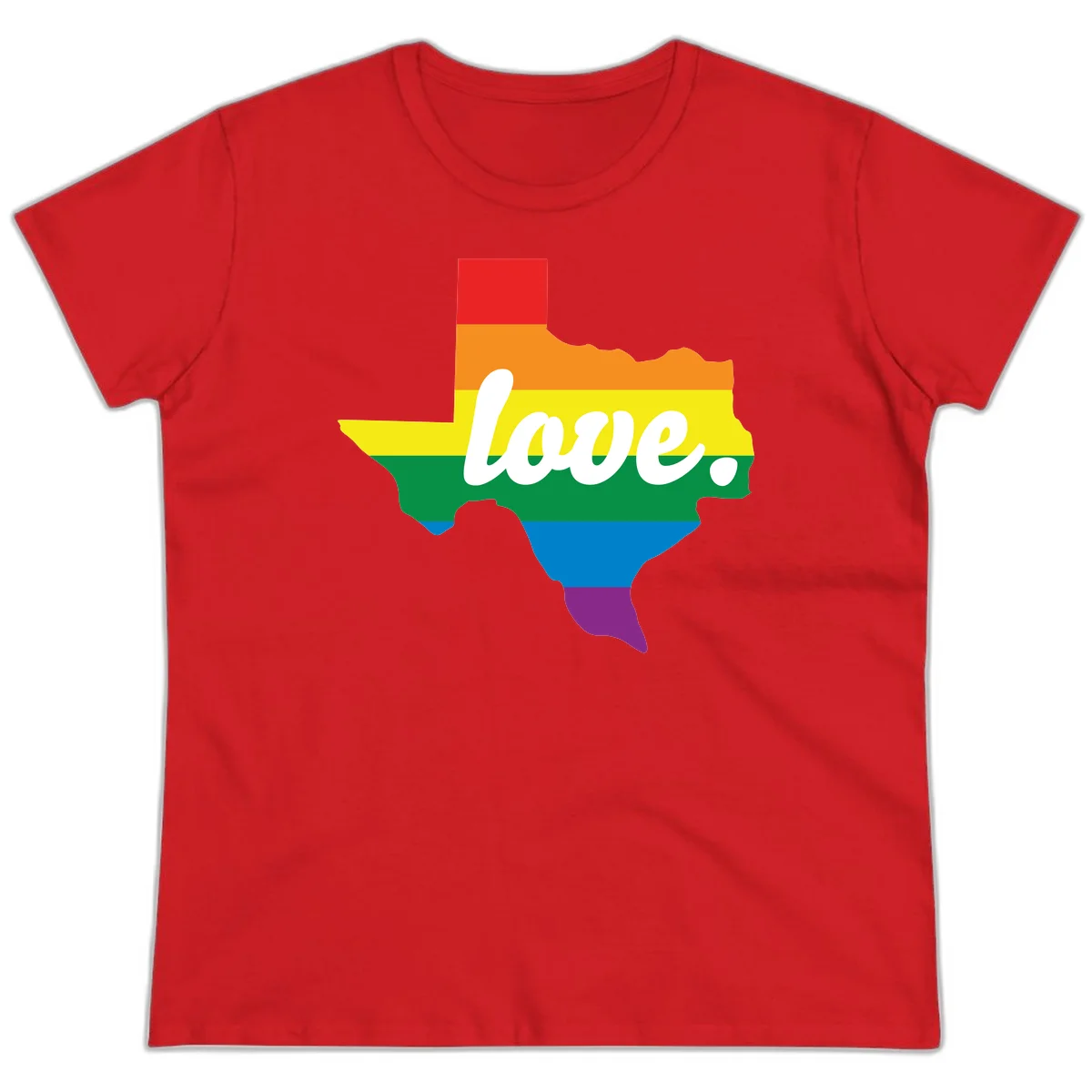 Texas state outline filled with rainbow pride stripes and white script text reading 'love.' in Red