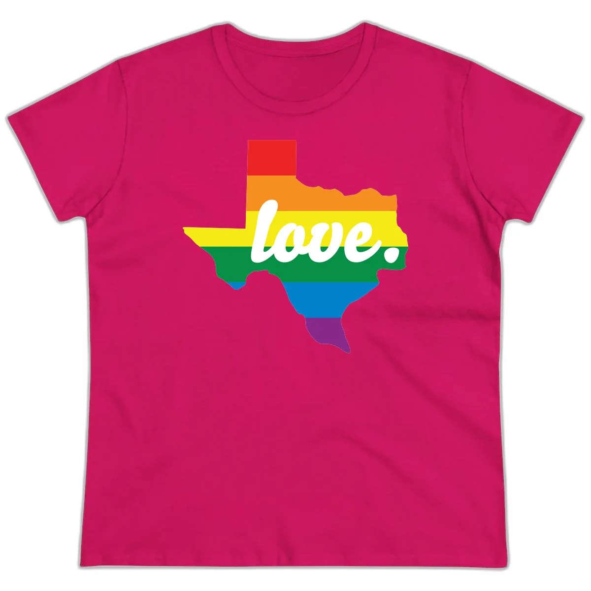 Texas state outline filled with rainbow pride stripes and white script text reading 'love.' in Heliconia