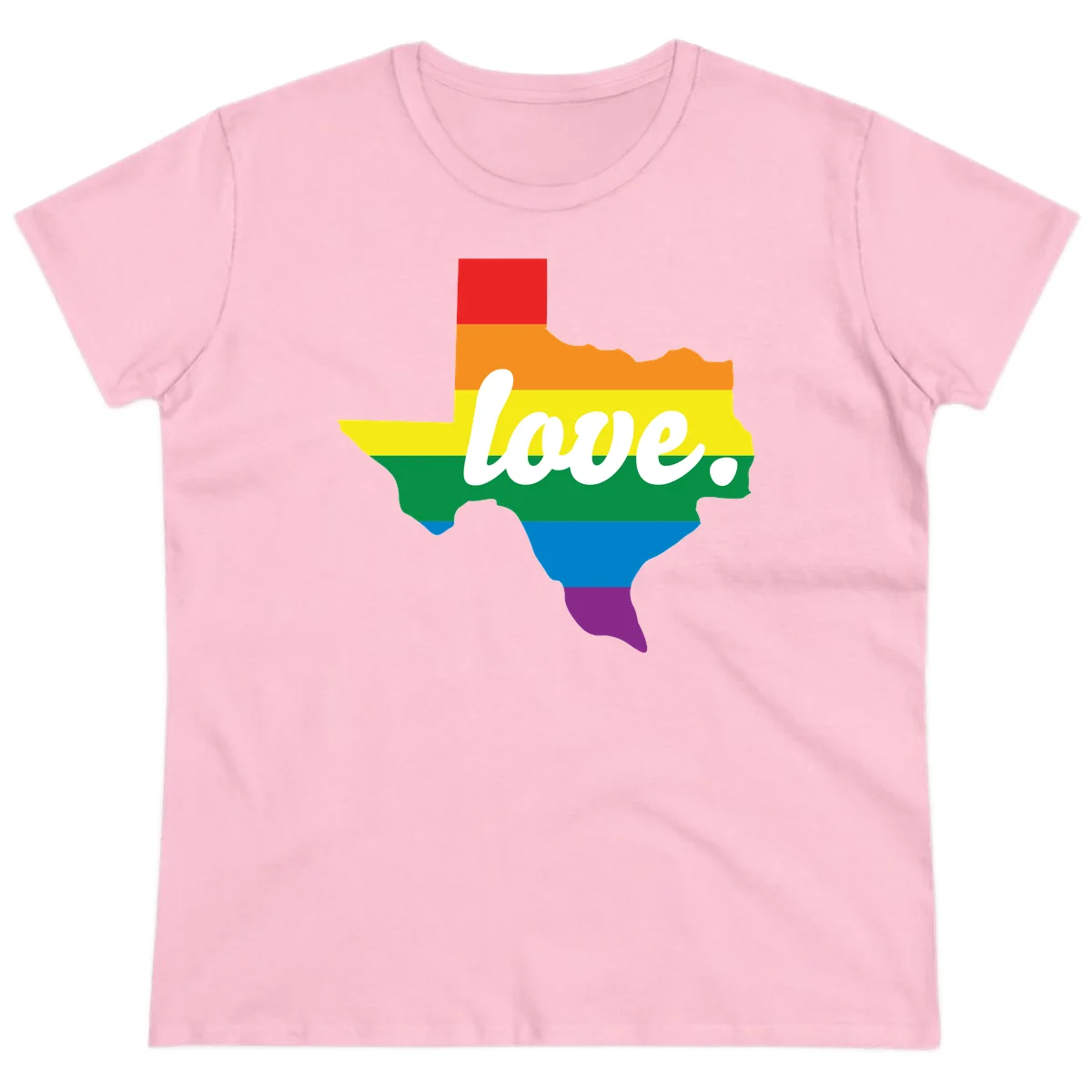 Texas state outline filled with rainbow pride stripes and white script text reading 'love.' in Light Pink