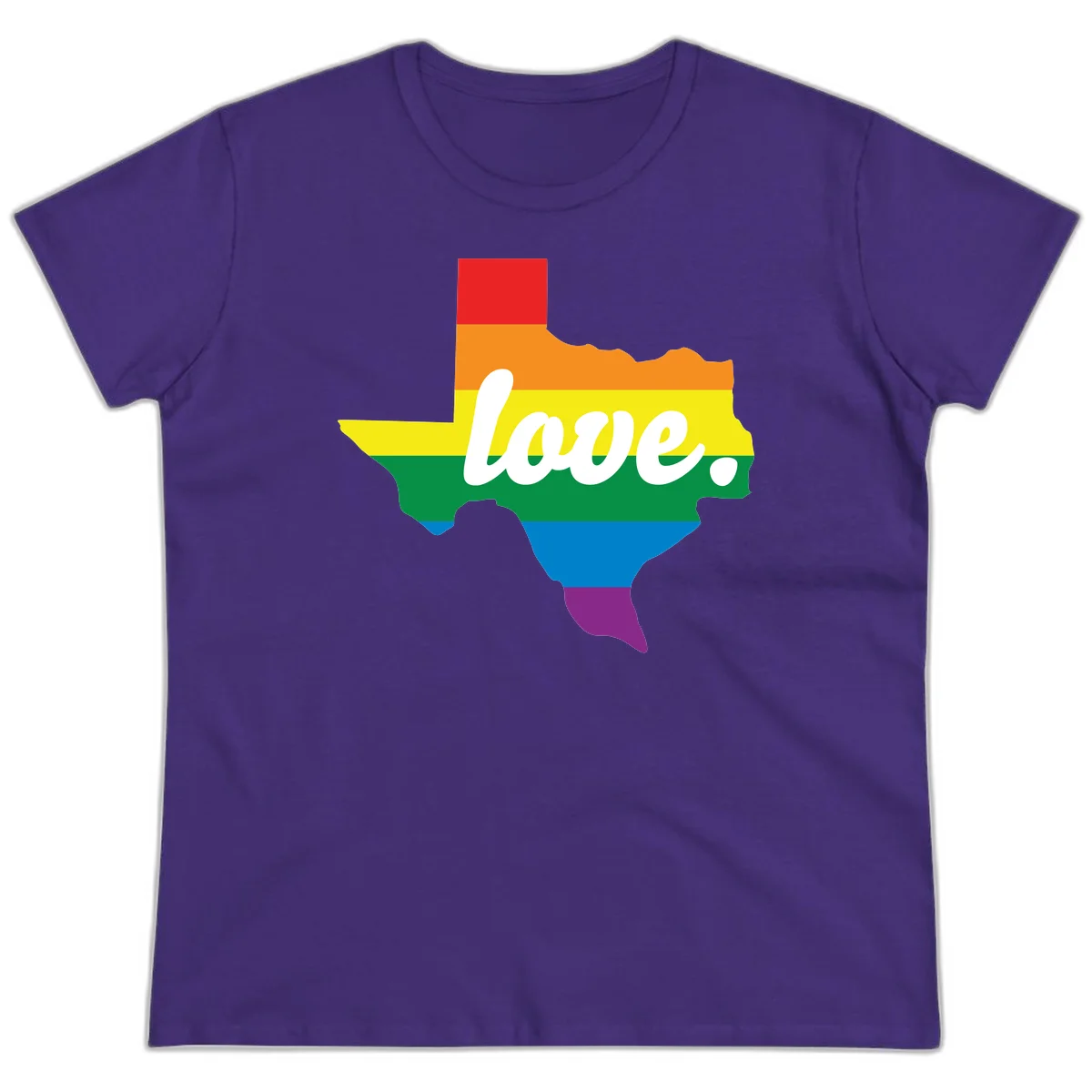 Texas state outline filled with rainbow pride stripes and white script text reading 'love.' in Purple