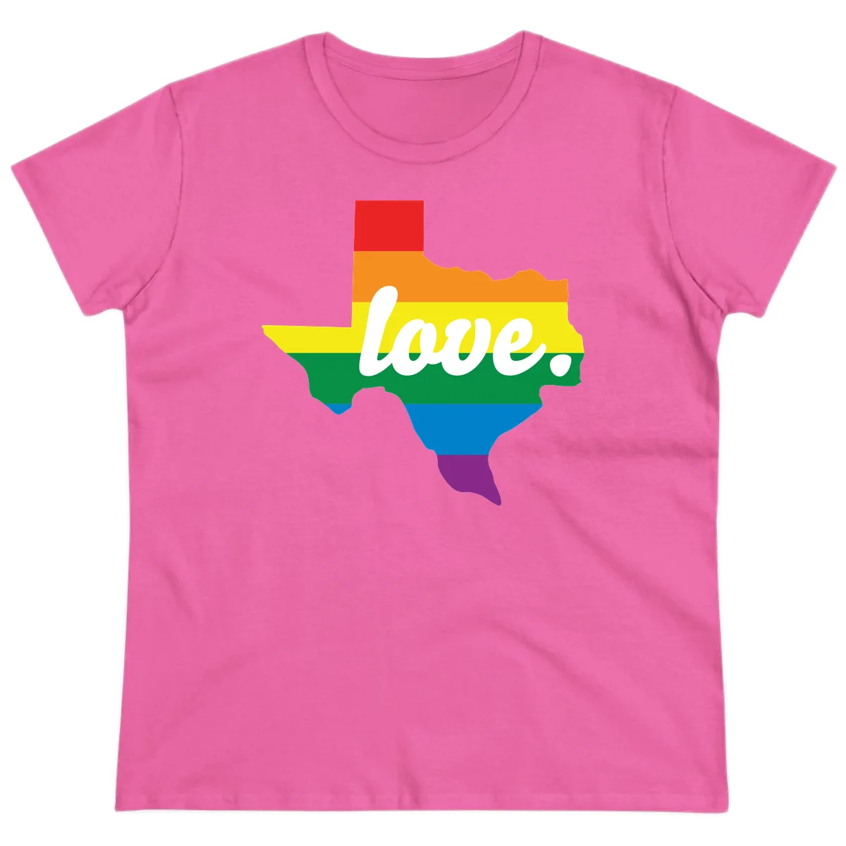 Texas state outline filled with rainbow pride stripes and white script text reading 'love.' in Azalea