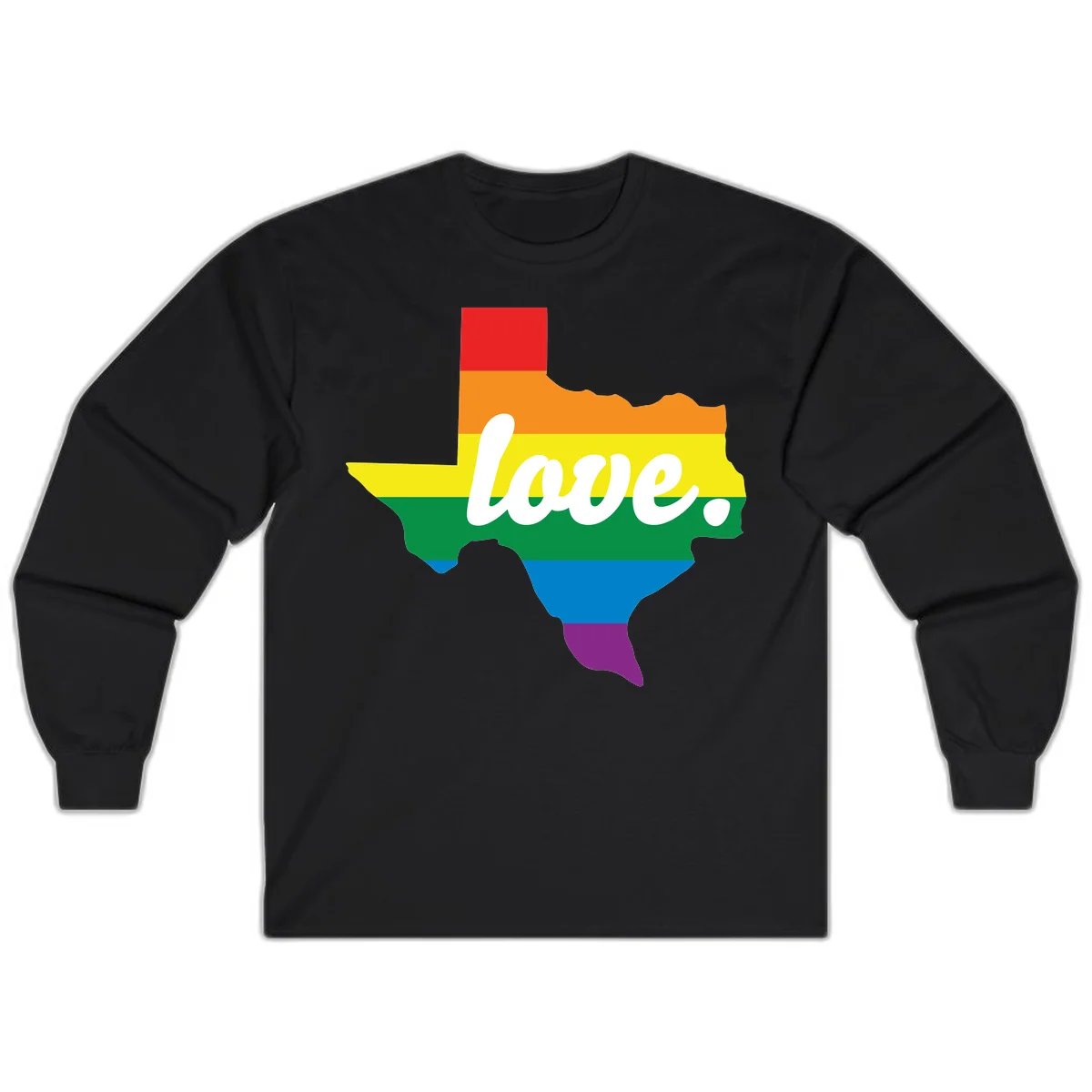 Texas state outline filled with rainbow pride stripes and white script text reading 'love.' in Black