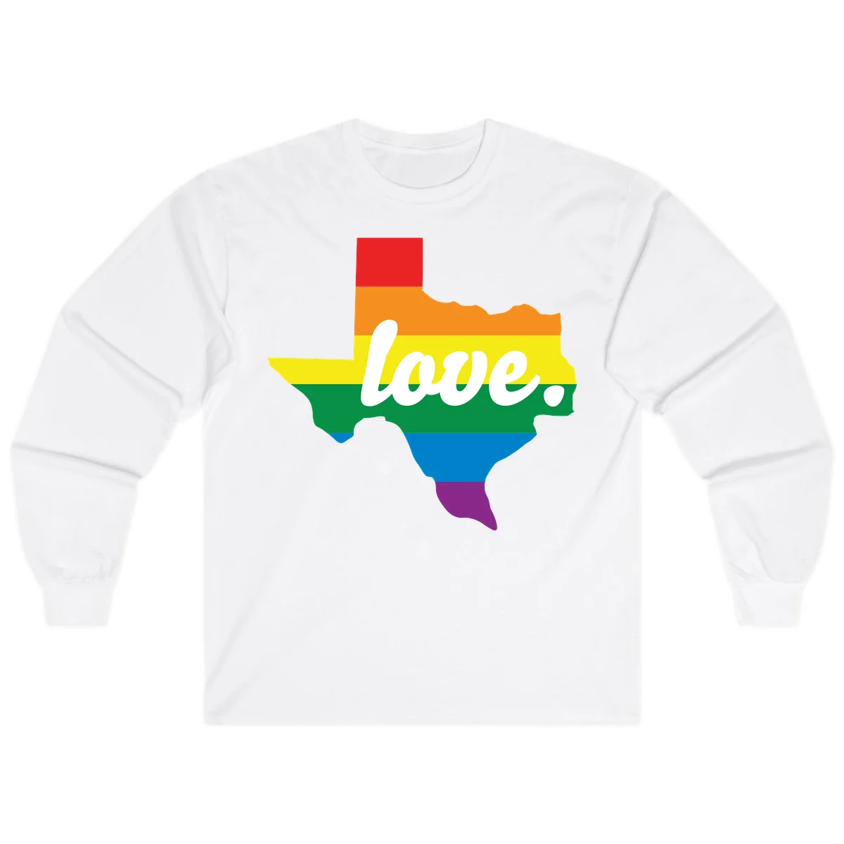 Texas state outline filled with rainbow pride stripes and white script text reading 'love.' in White
