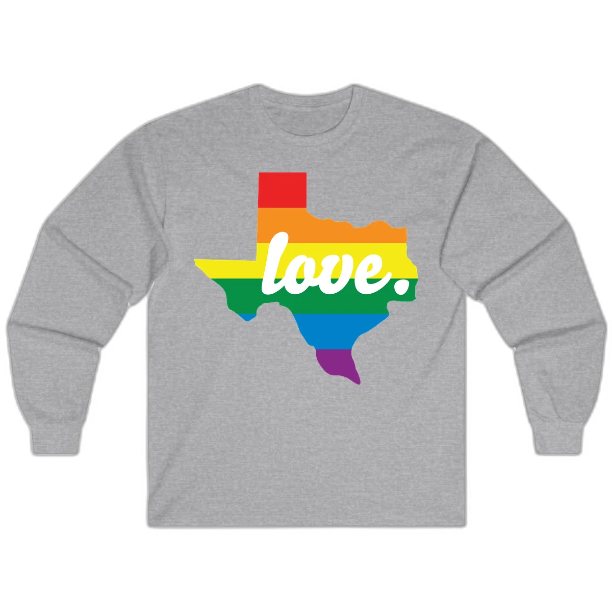 Texas state outline filled with rainbow pride stripes and white script text reading 'love.' in Sport Grey