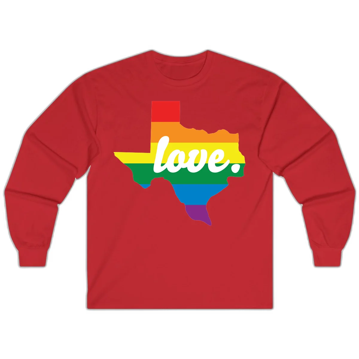 Texas state outline filled with rainbow pride stripes and white script text reading 'love.' in Red
