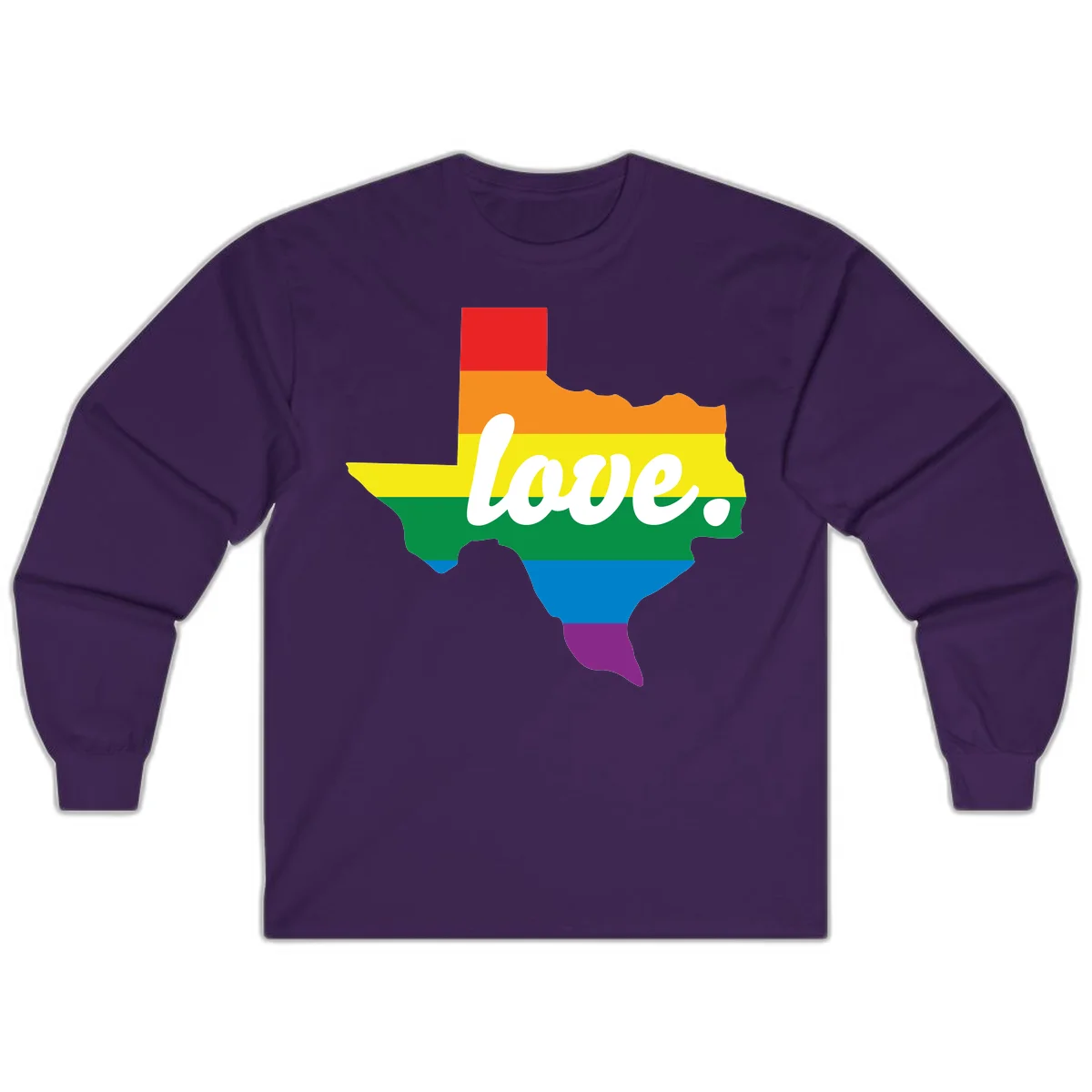 Texas state outline filled with rainbow pride stripes and white script text reading 'love.' in Purple