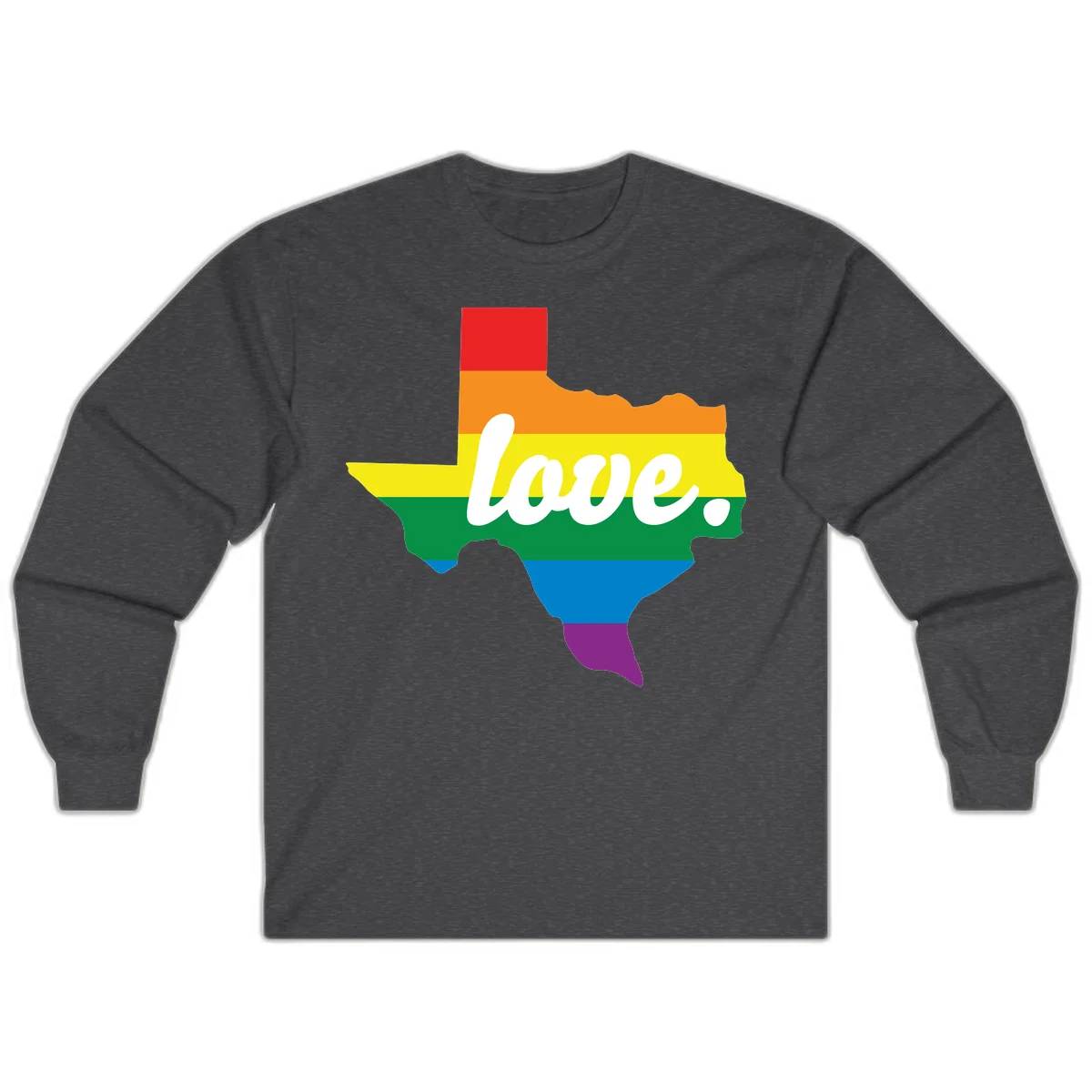 Texas state outline filled with rainbow pride stripes and white script text reading 'love.' in Dark Heather