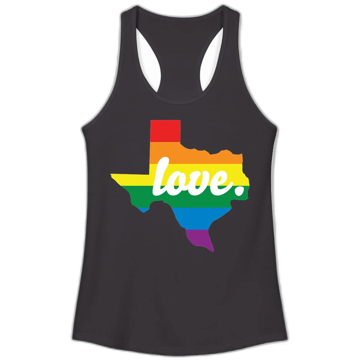 Texas state outline filled with rainbow pride stripes and white script text reading 'love.' in Black