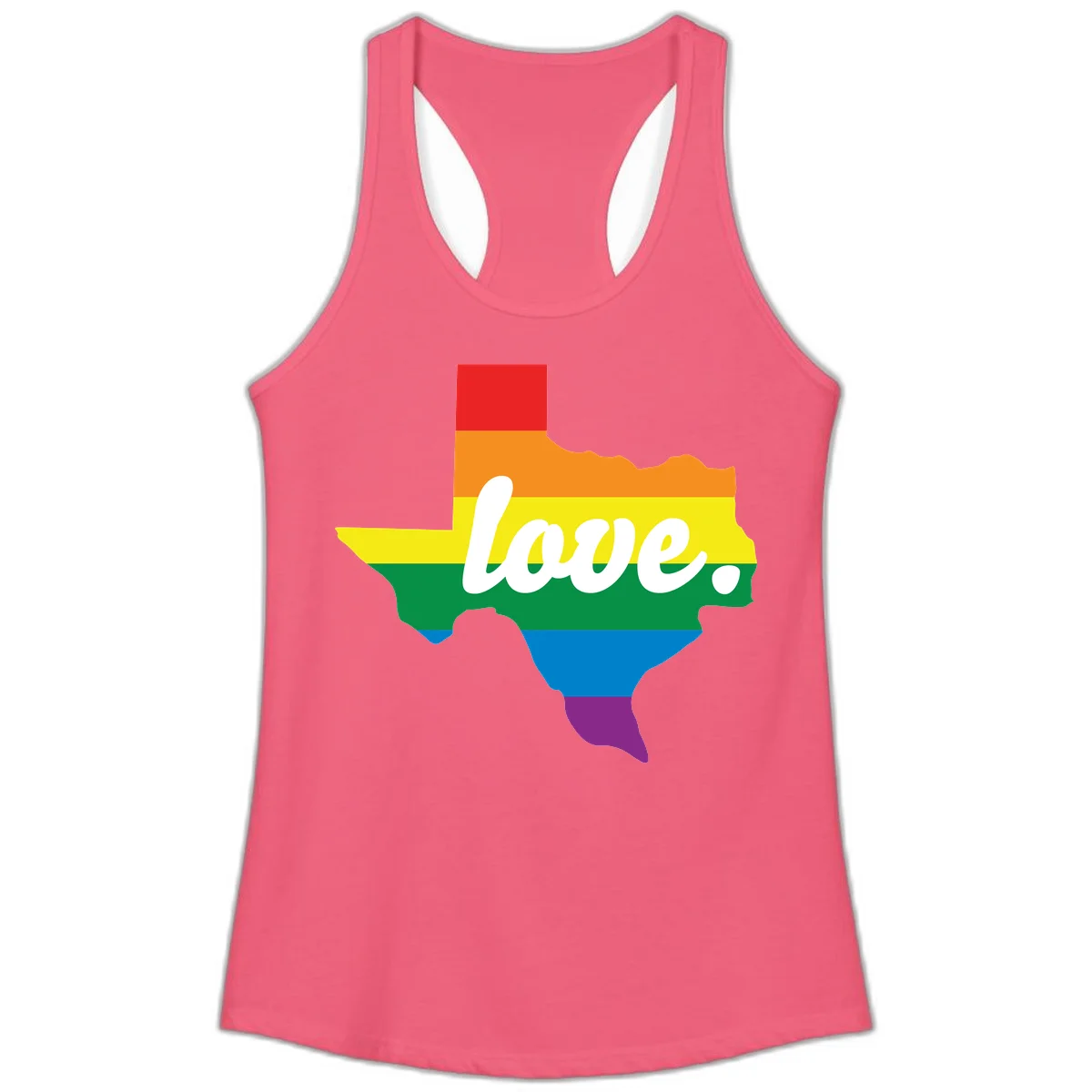 Texas state outline filled with rainbow pride stripes and white script text reading 'love.' in Hot Pink