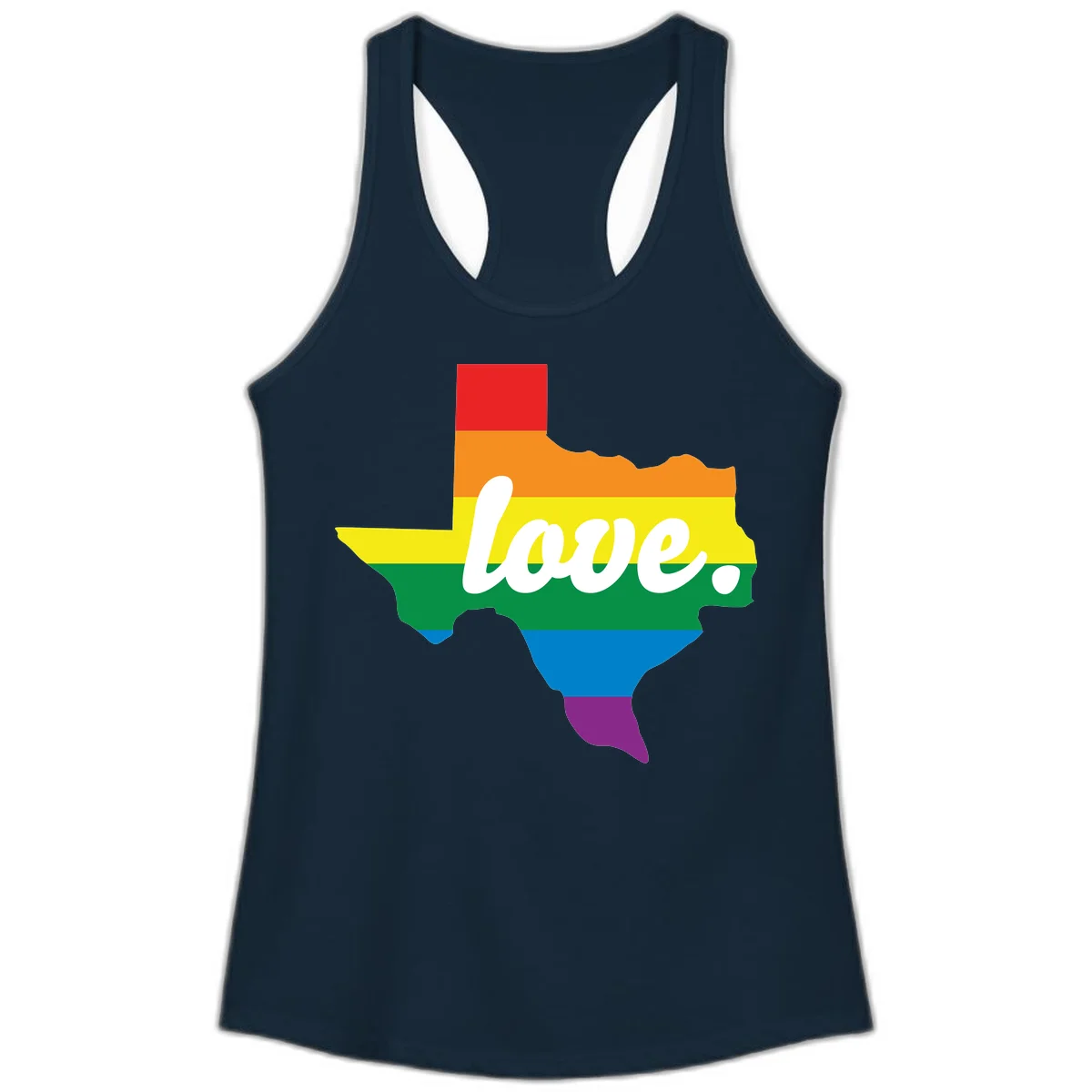 Texas state outline filled with rainbow pride stripes and white script text reading 'love.' in Solid Midnight Navy
