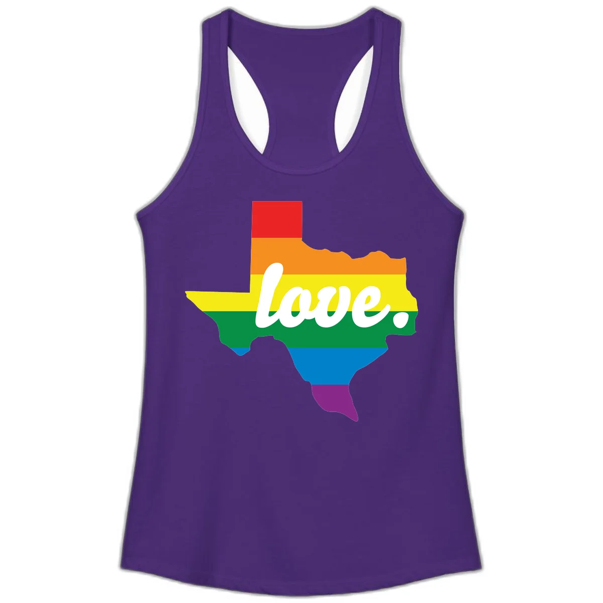 Texas state outline filled with rainbow pride stripes and white script text reading 'love.' in Solid Purple Rush