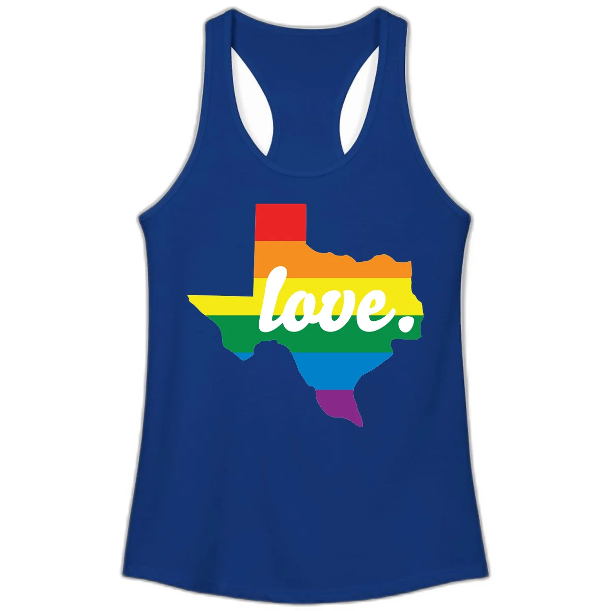 Texas state outline filled with rainbow pride stripes and white script text reading 'love.' in Solid Royal