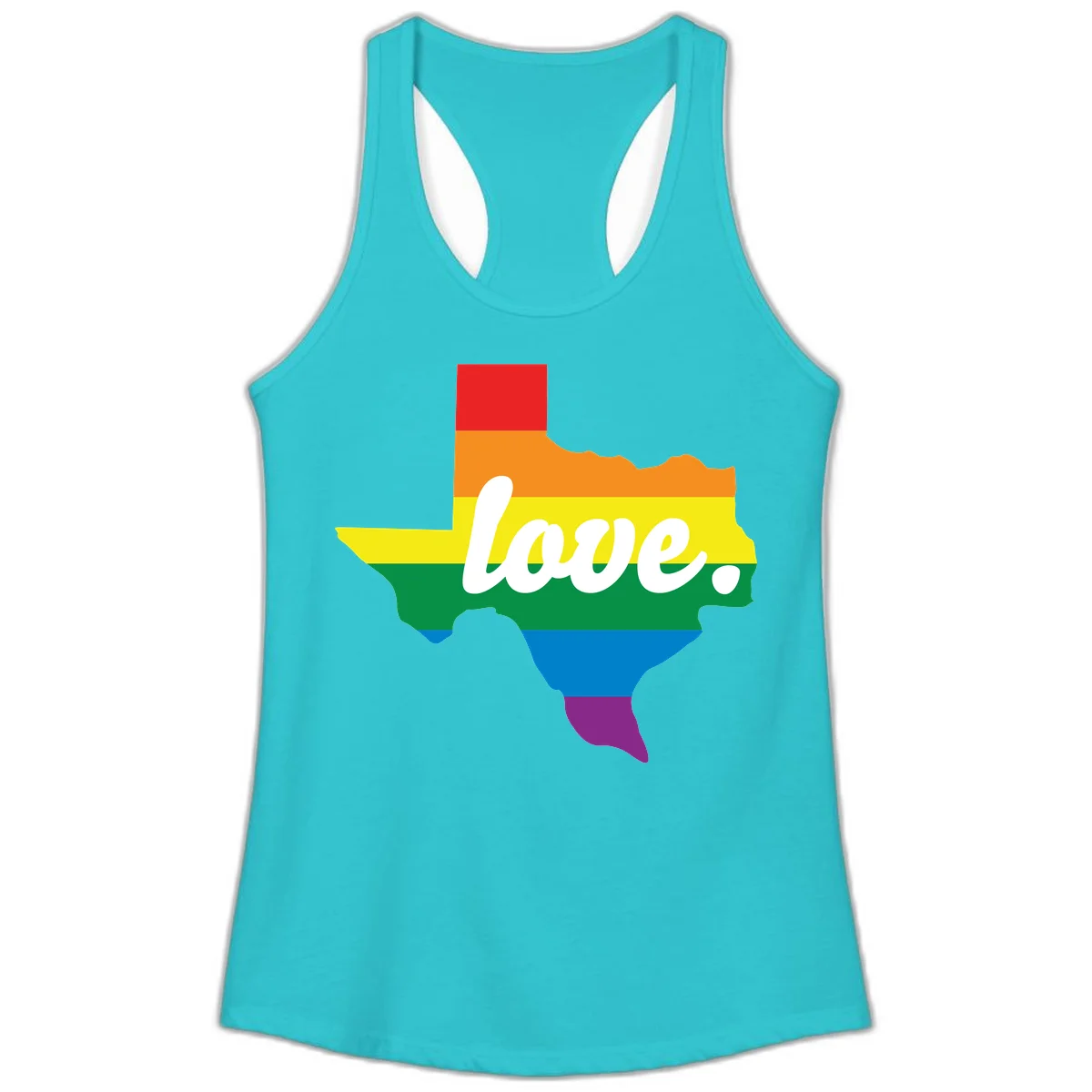 Texas state outline filled with rainbow pride stripes and white script text reading 'love.' in Solid Tahiti Blue
