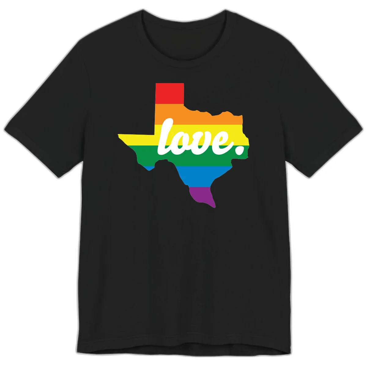 Texas state outline filled with rainbow pride stripes and white script text reading 'love.' in Black