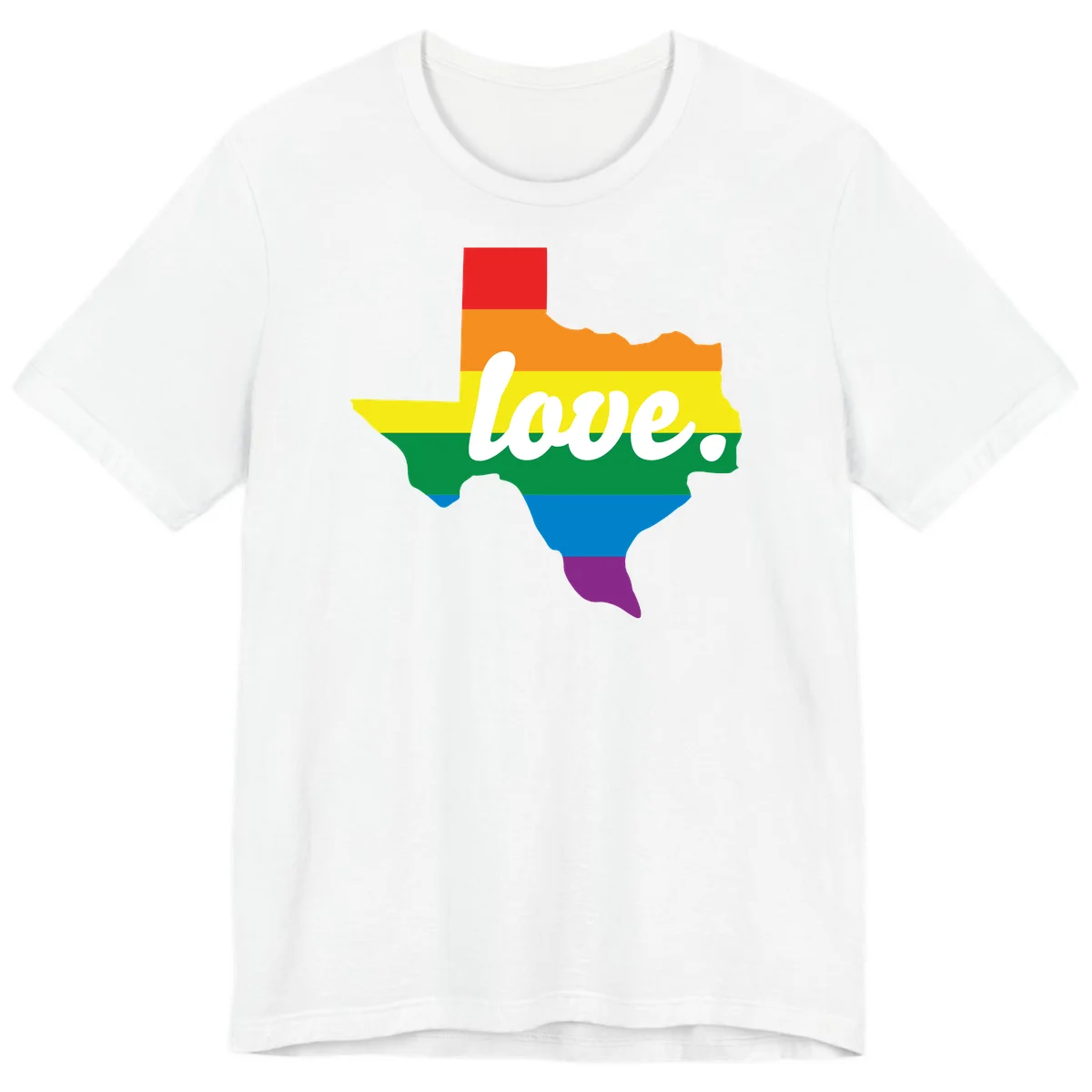 Texas state outline filled with rainbow pride stripes and white script text reading 'love.' in White