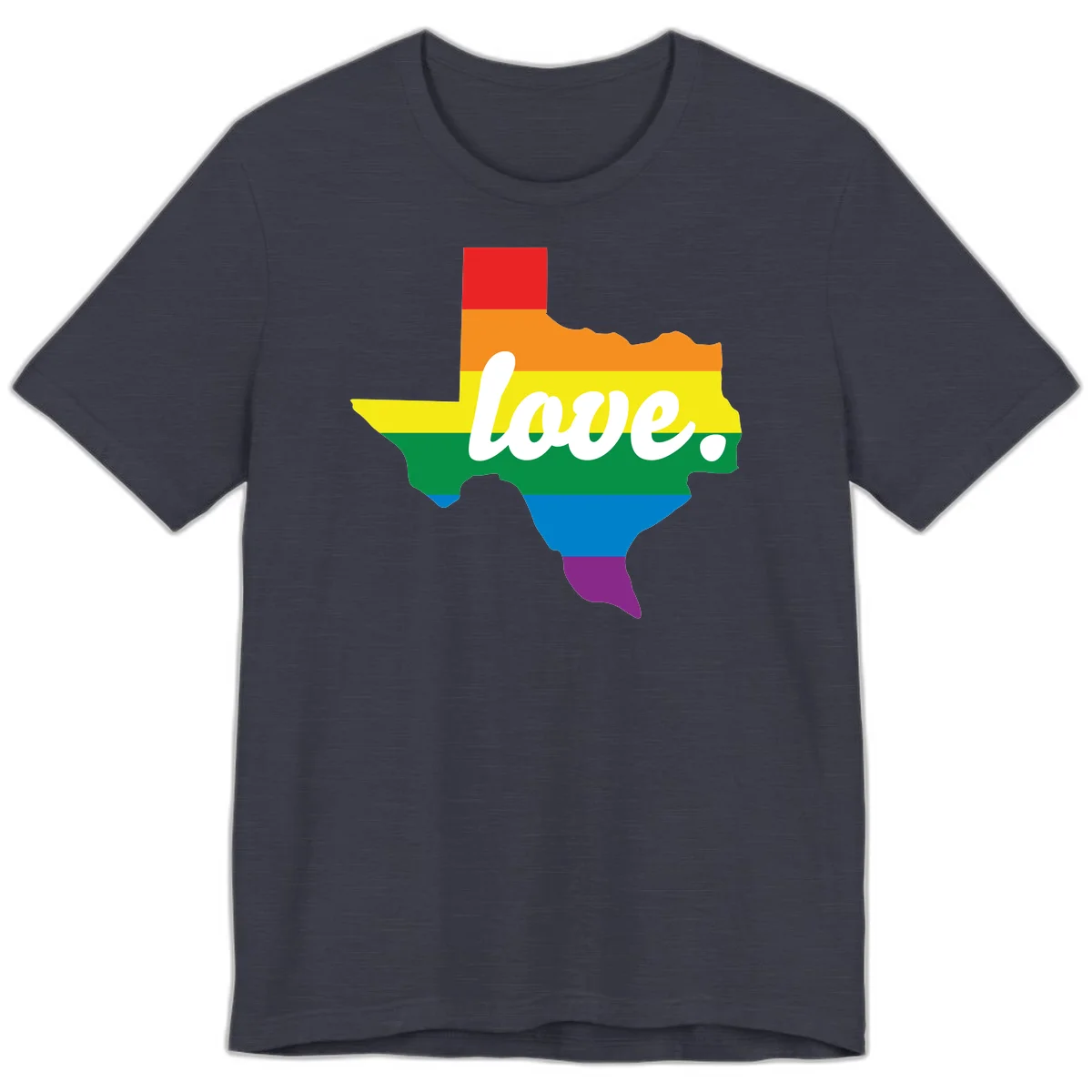 Texas state outline filled with rainbow pride stripes and white script text reading 'love.' in Heather Midnight Navy