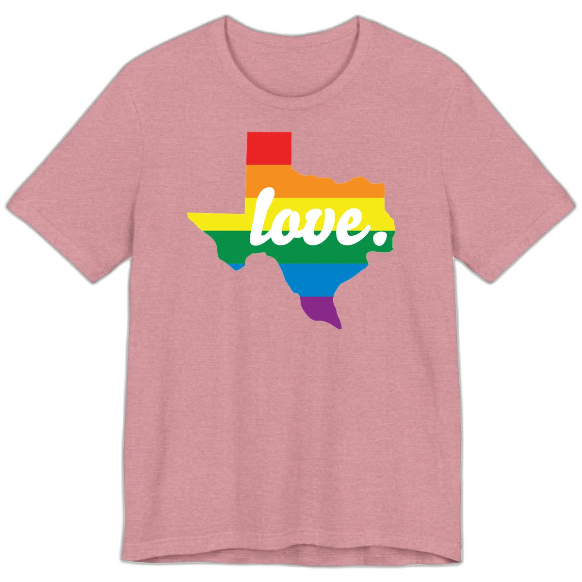Texas state outline filled with rainbow pride stripes and white script text reading 'love.' in Heather Orchid