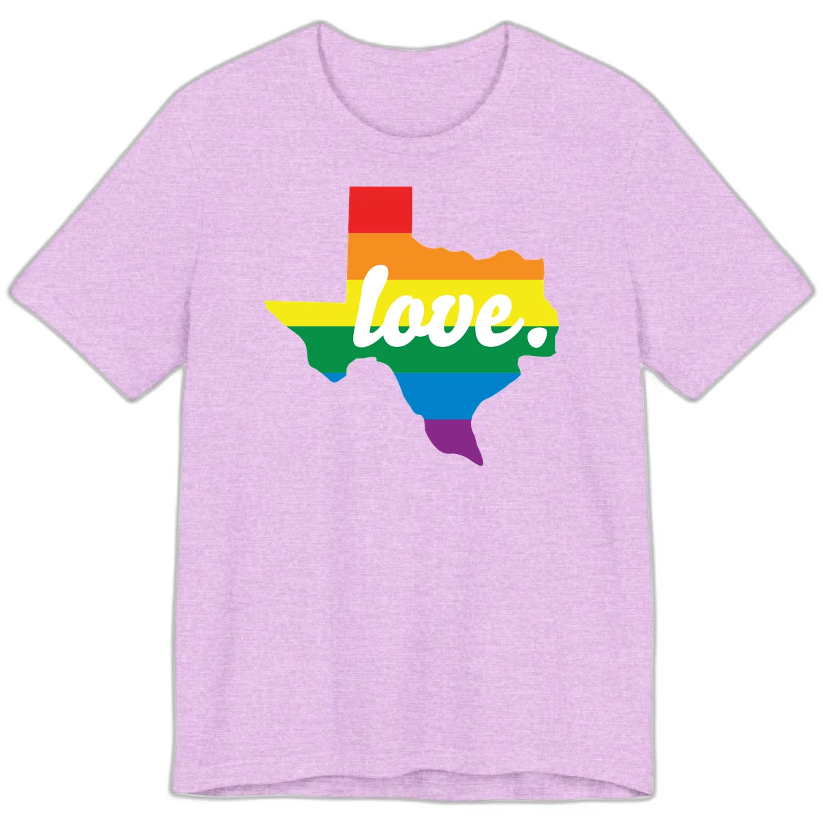 Texas state outline filled with rainbow pride stripes and white script text reading 'love.' in Heather Prism Lilac