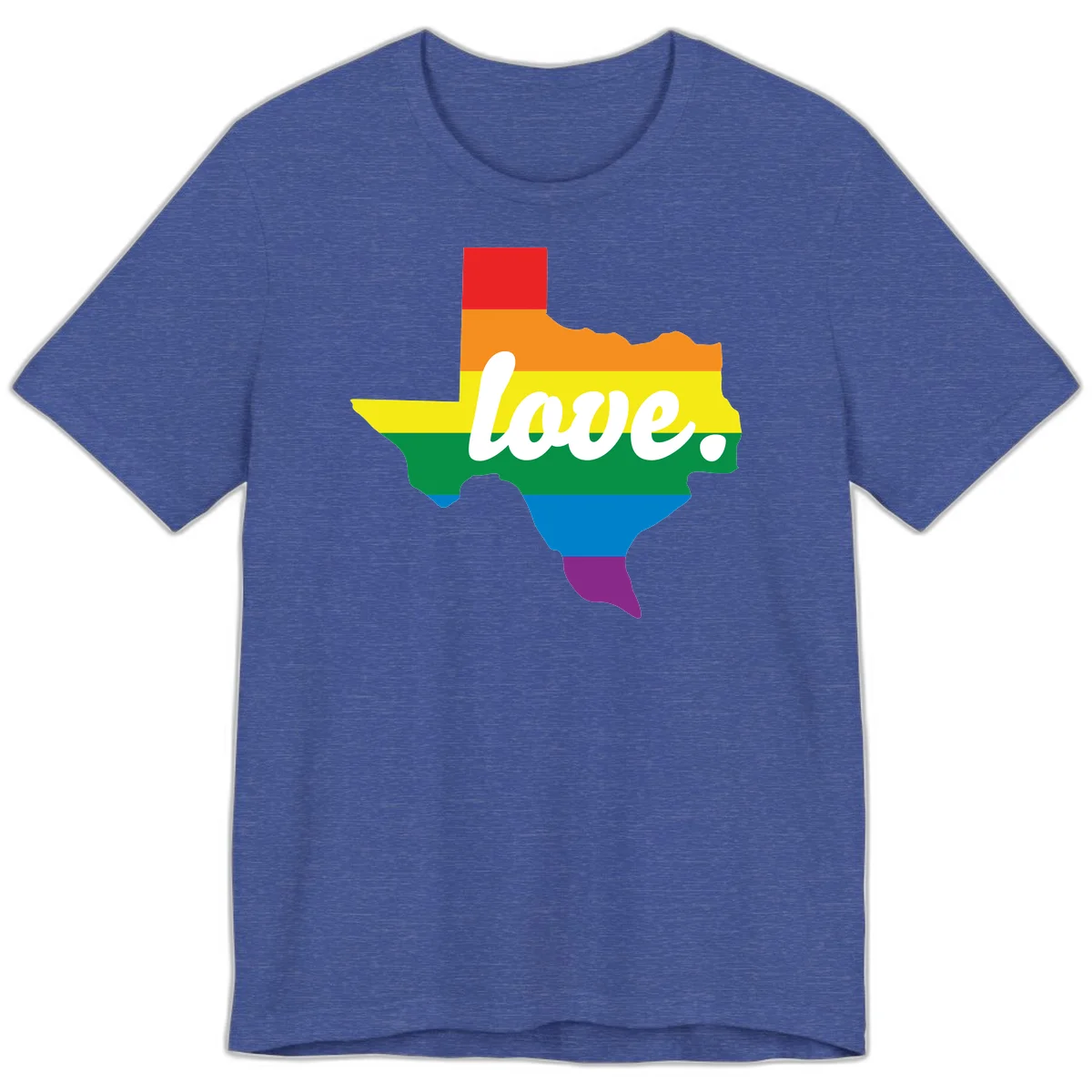 Texas state outline filled with rainbow pride stripes and white script text reading 'love.' in Heather True Royal