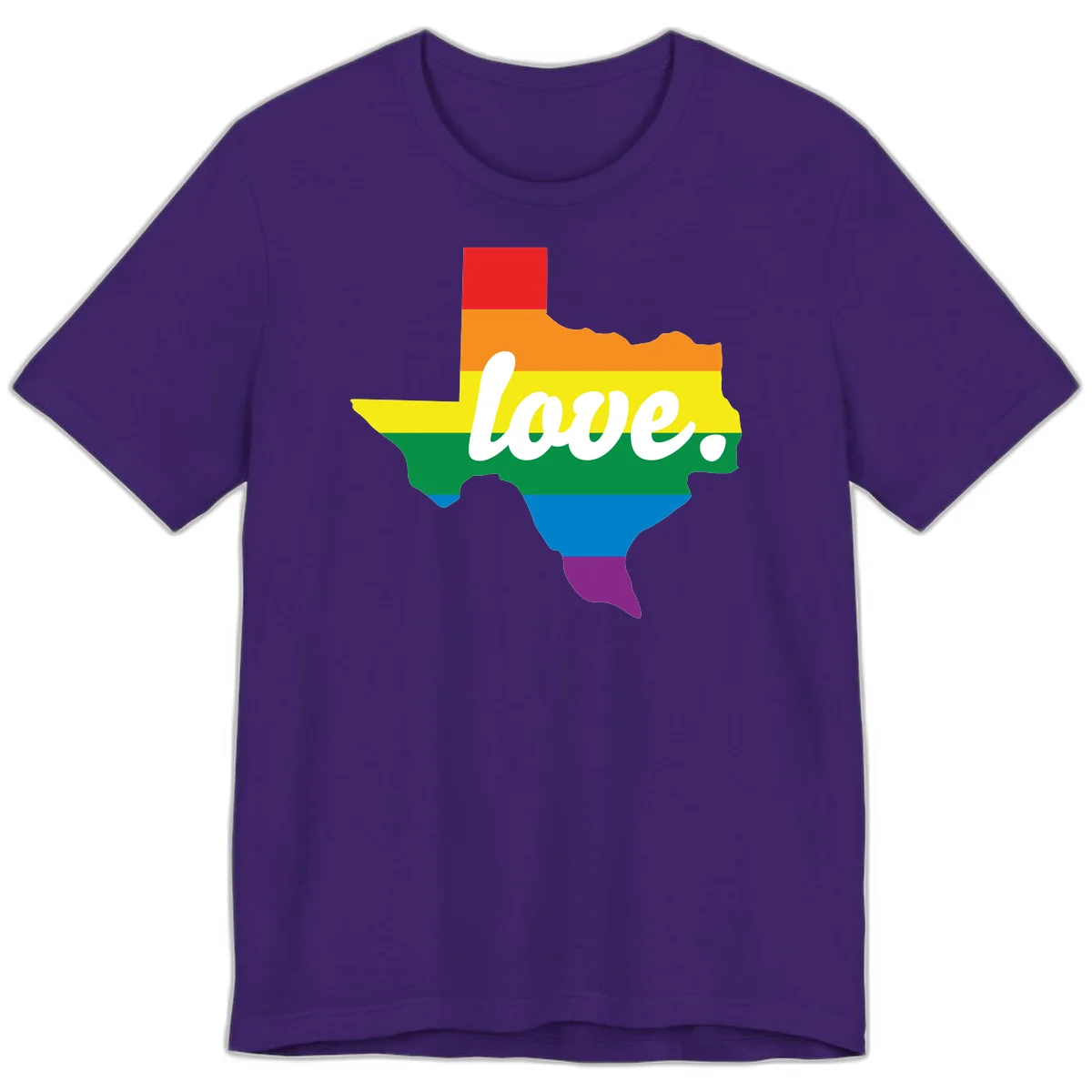 Texas state outline filled with rainbow pride stripes and white script text reading 'love.' in Team Purple