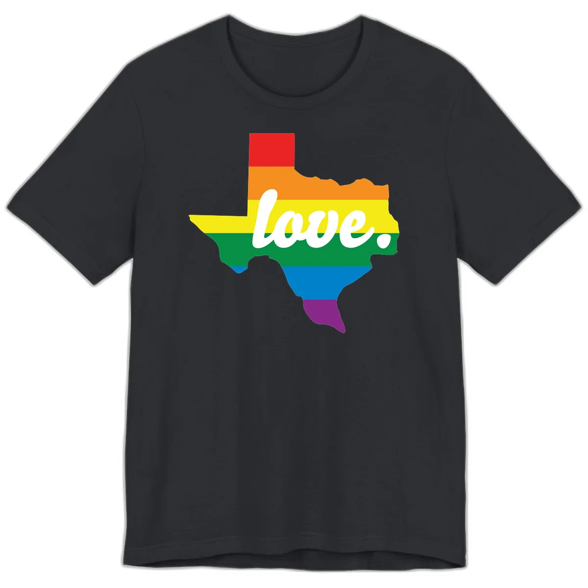 Texas state outline filled with rainbow pride stripes and white script text reading 'love.' in Vintage Black
