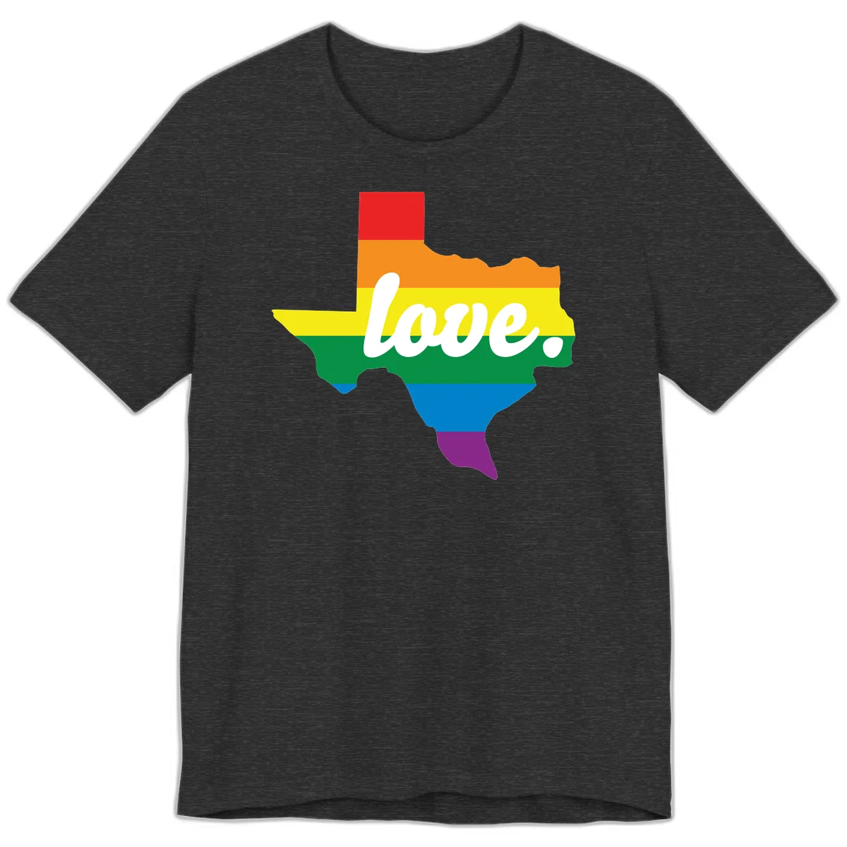 Texas state outline filled with rainbow pride stripes and white script text reading 'love.' in Dark Grey Heather