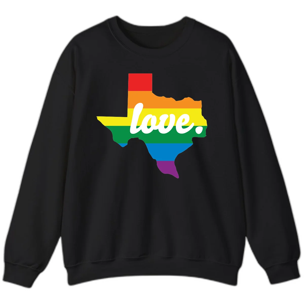 Texas state outline filled with rainbow pride stripes and white script text reading 'love.' in Black