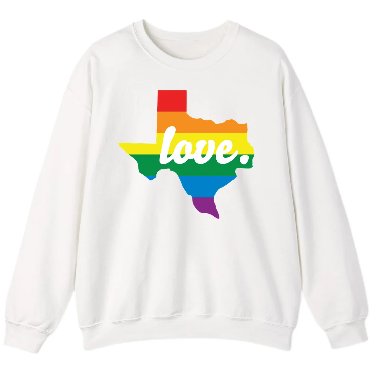 Texas state outline filled with rainbow pride stripes and white script text reading 'love.' in White