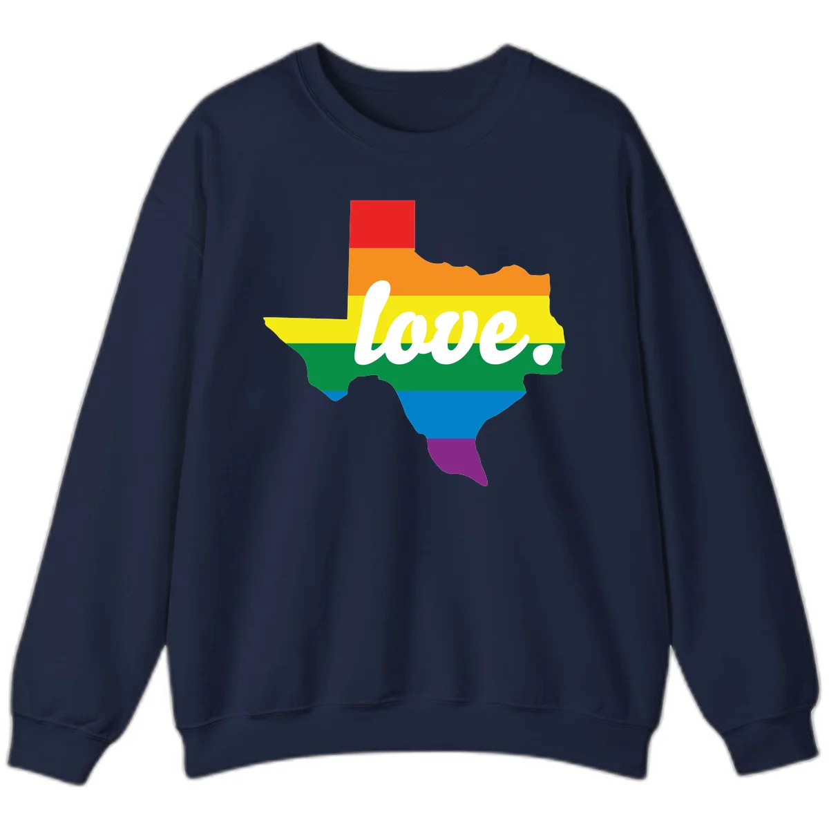 Texas state outline filled with rainbow pride stripes and white script text reading 'love.' in Navy