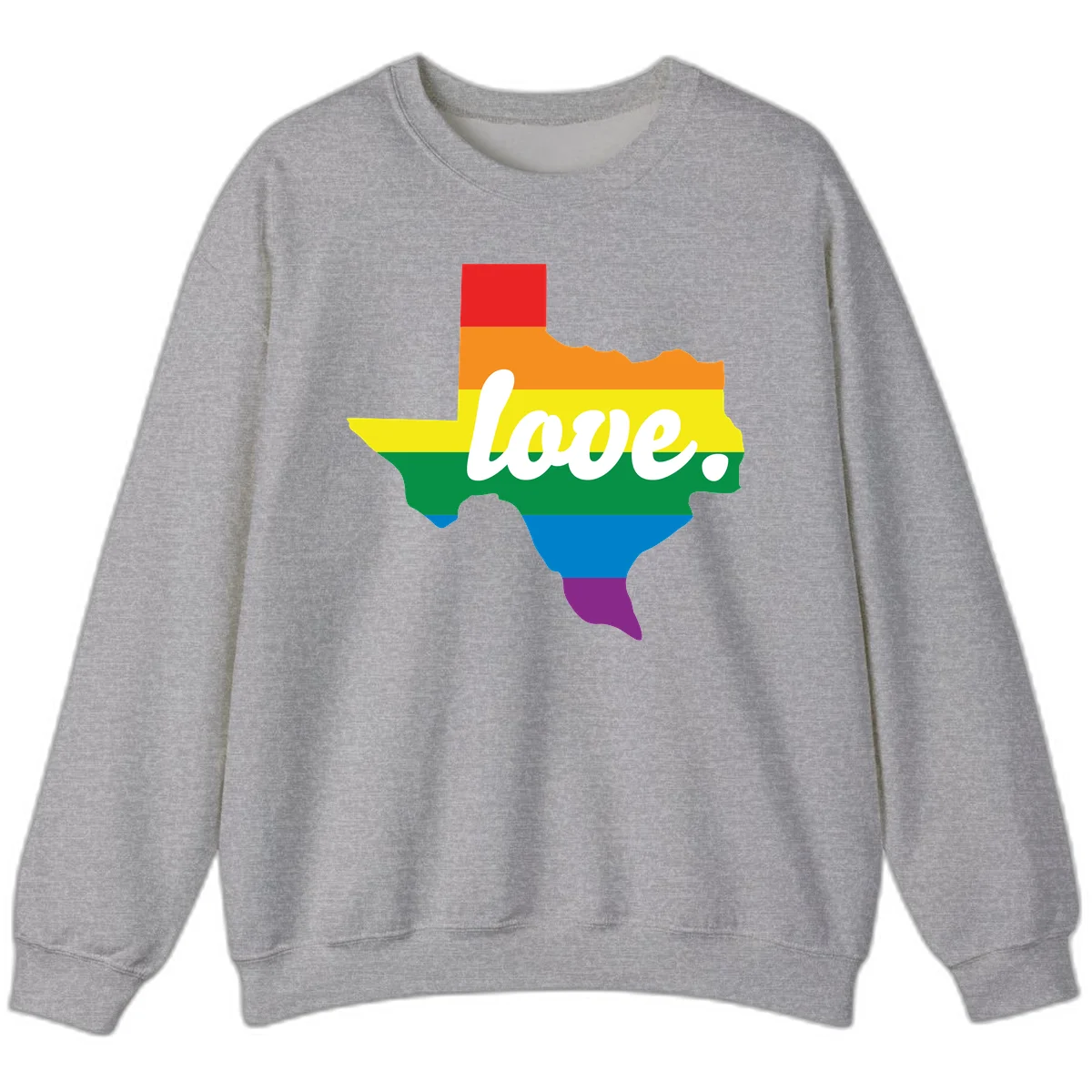 Texas state outline filled with rainbow pride stripes and white script text reading 'love.' in Sport Grey