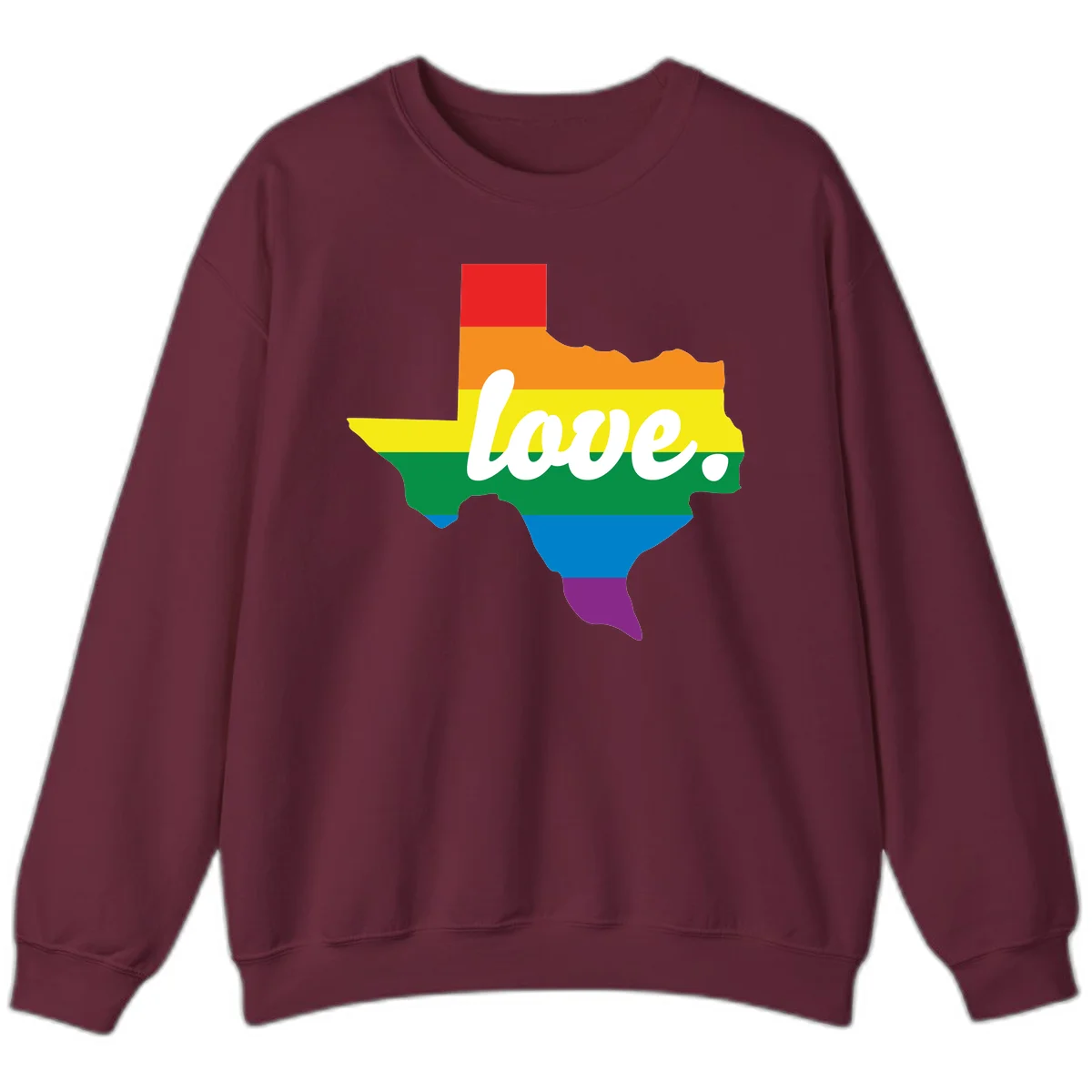 Texas state outline filled with rainbow pride stripes and white script text reading 'love.' in Maroon