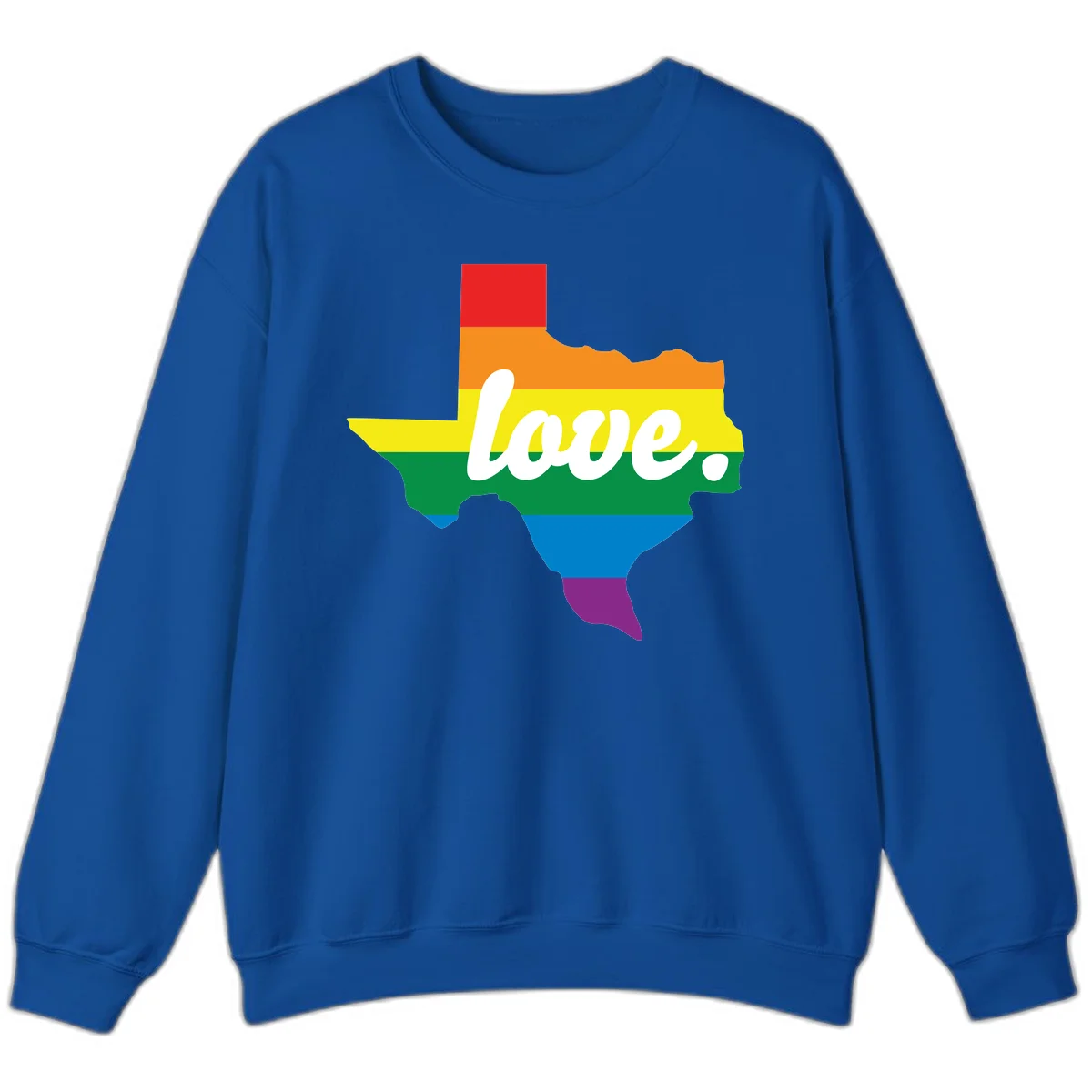 Texas state outline filled with rainbow pride stripes and white script text reading 'love.' in Royal