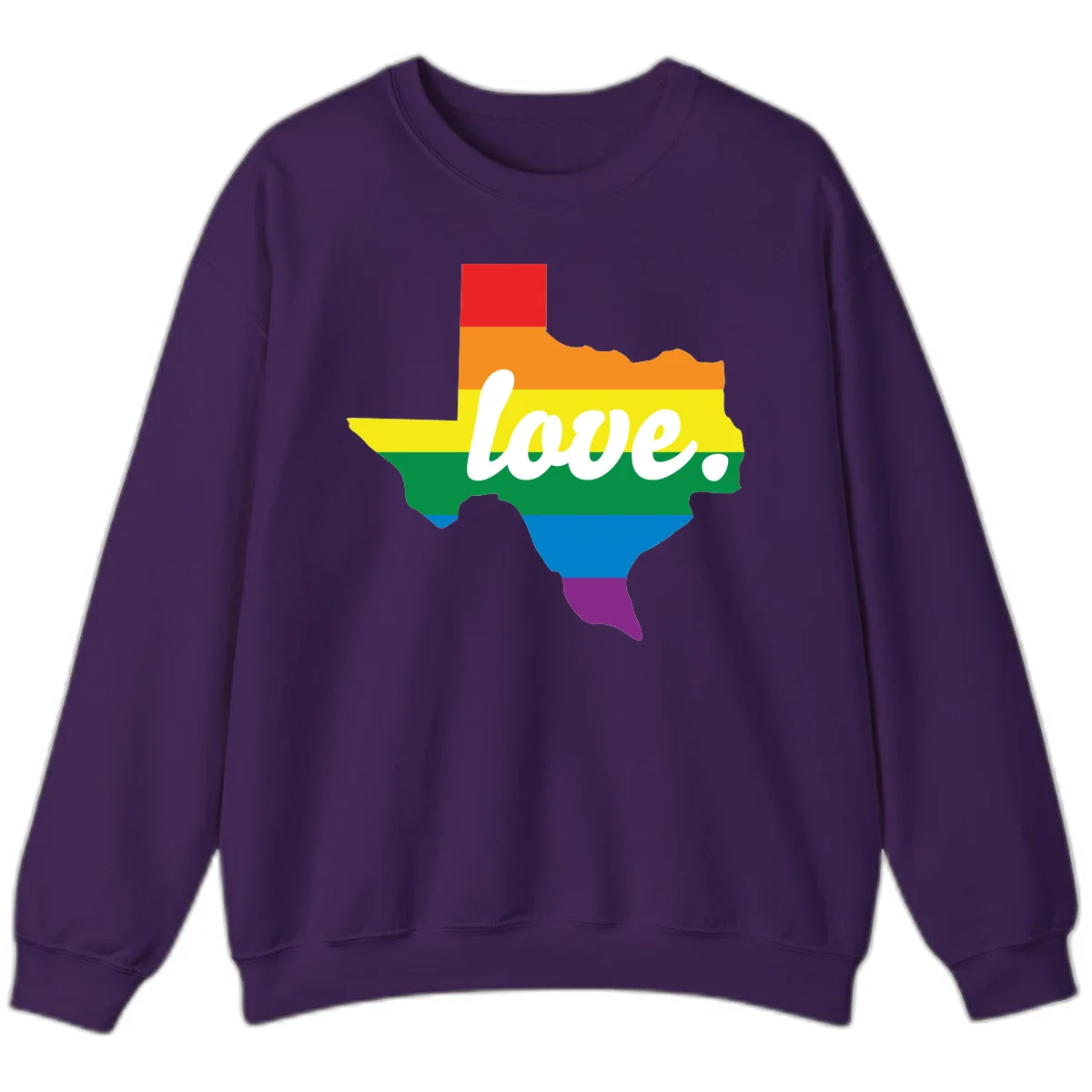 Texas state outline filled with rainbow pride stripes and white script text reading 'love.' in Purple