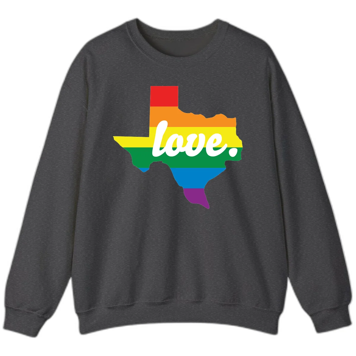 Texas state outline filled with rainbow pride stripes and white script text reading 'love.' in Dark Heather