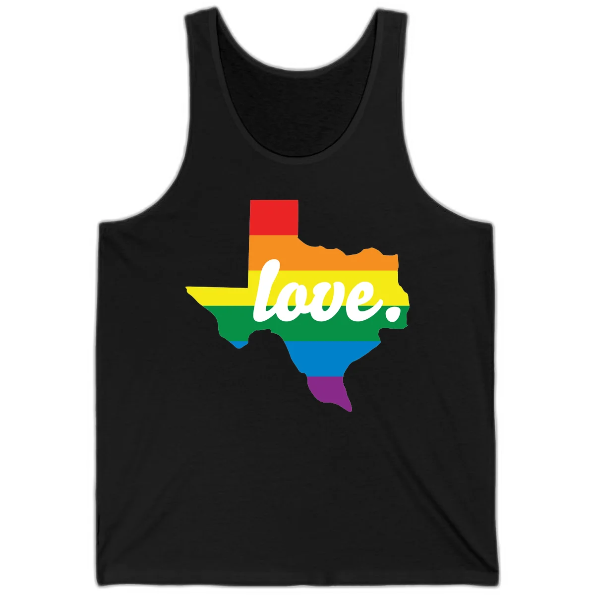 Texas state outline filled with rainbow pride stripes and white script text reading 'love.' in Black