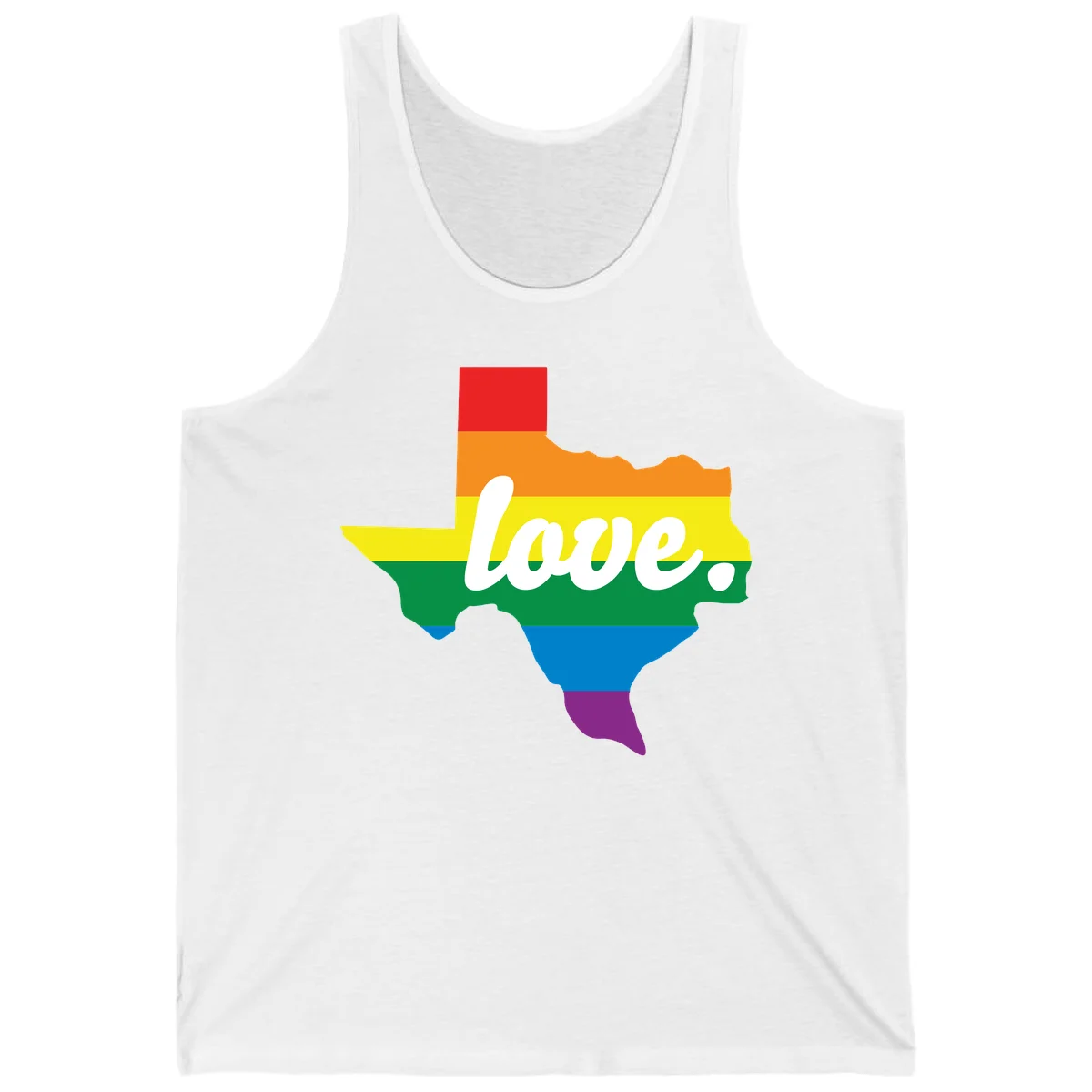 Texas state outline filled with rainbow pride stripes and white script text reading 'love.' in White