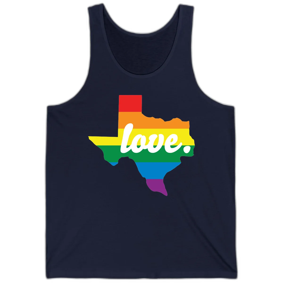 Texas state outline filled with rainbow pride stripes and white script text reading 'love.' in Navy