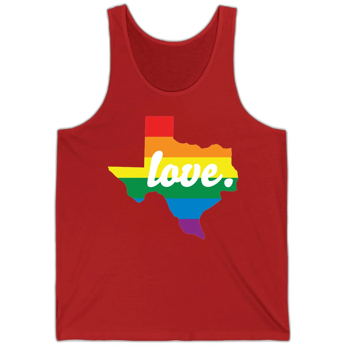 Texas state outline filled with rainbow pride stripes and white script text reading 'love.' in Red
