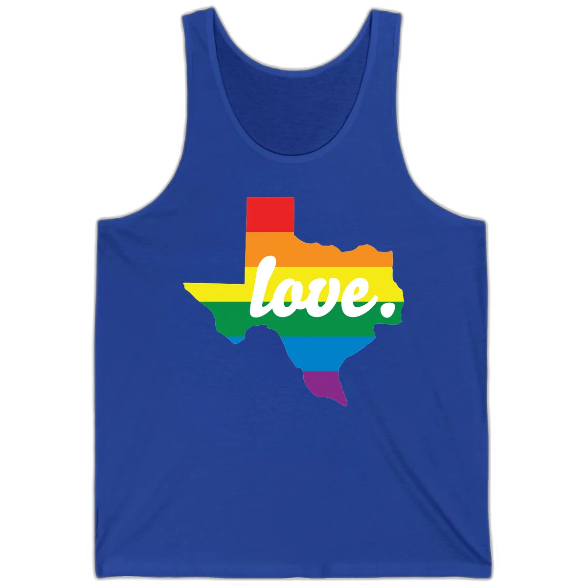 Texas state outline filled with rainbow pride stripes and white script text reading 'love.' in True Royal