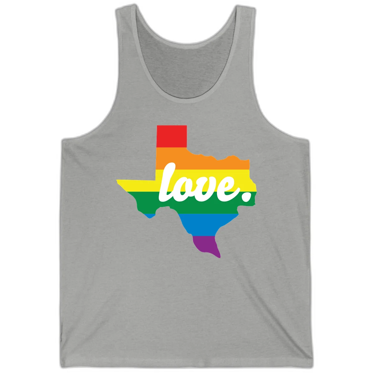 Texas state outline filled with rainbow pride stripes and white script text reading 'love.' in Athletic Heather