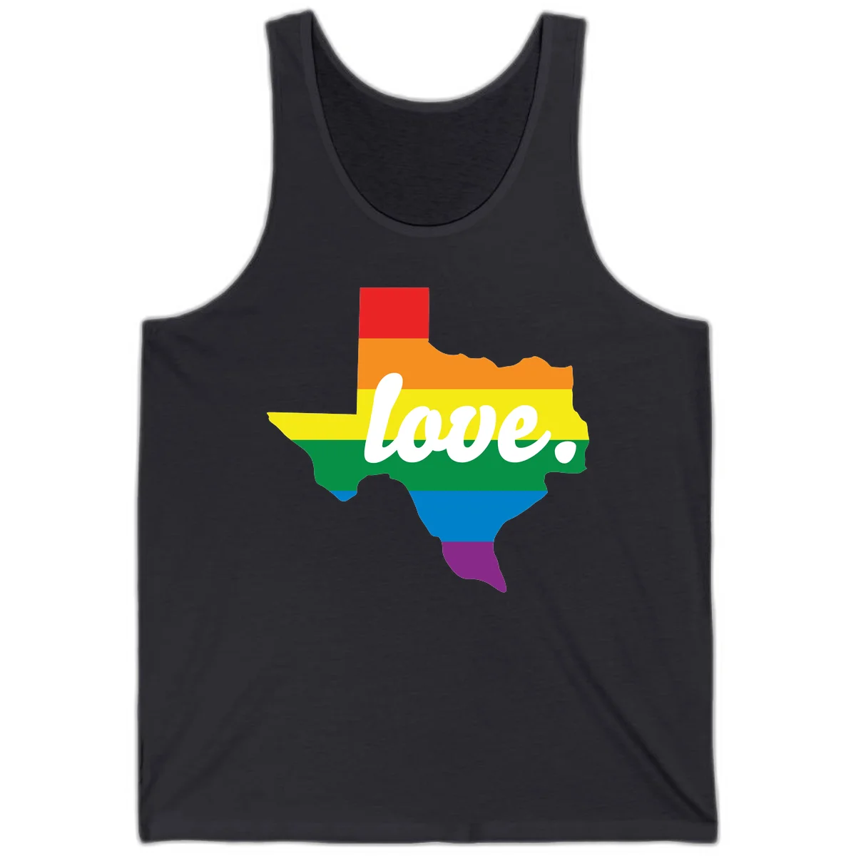 Texas state outline filled with rainbow pride stripes and white script text reading 'love.' in Dark Grey
