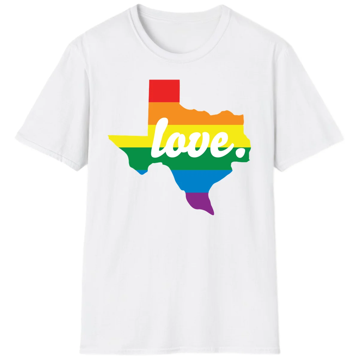 Texas state outline filled with rainbow pride stripes and white script text reading 'love.' in White