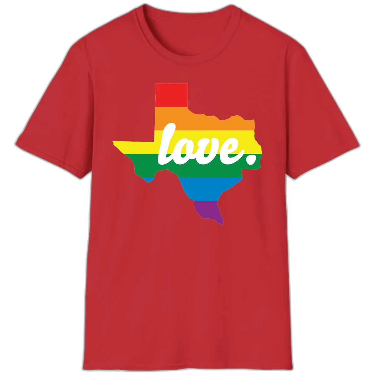 Texas state outline filled with rainbow pride stripes and white script text reading 'love.' in Red