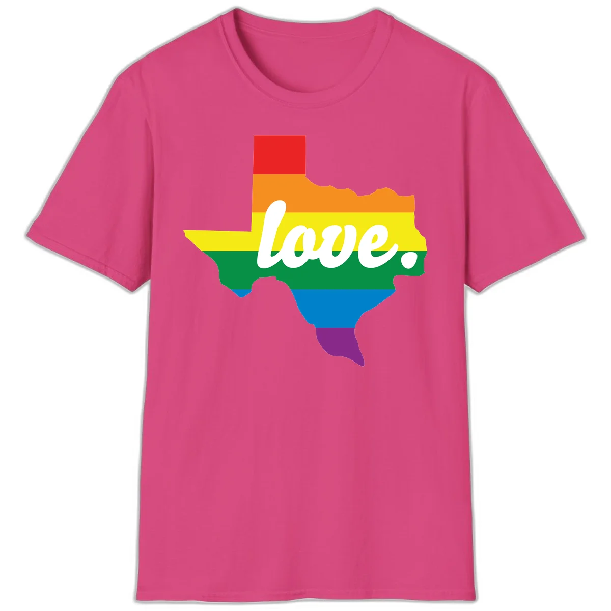 Texas state outline filled with rainbow pride stripes and white script text reading 'love.' in Heliconia