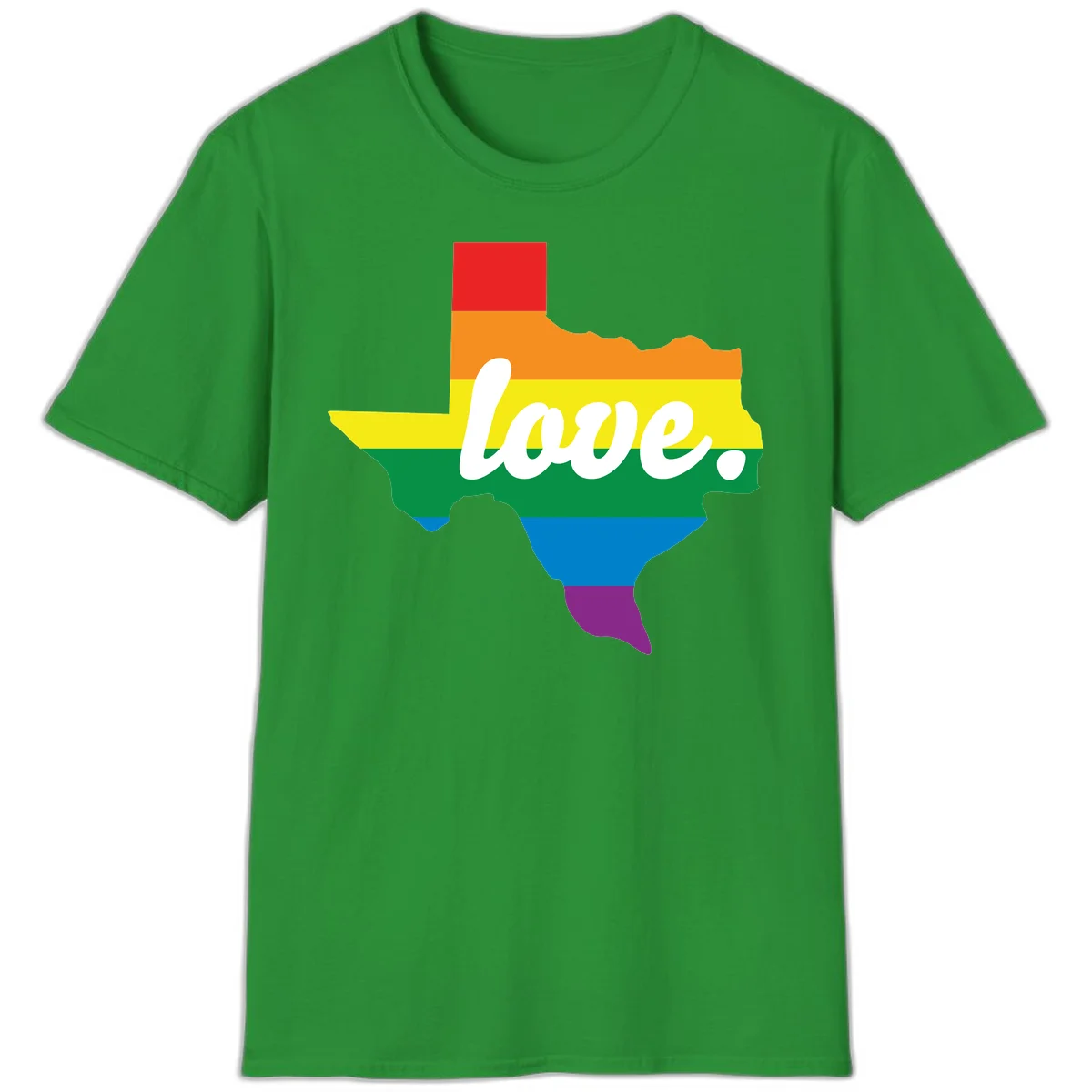 Texas state outline filled with rainbow pride stripes and white script text reading 'love.' in Irish Green