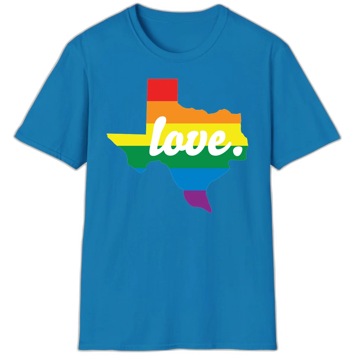 Texas state outline filled with rainbow pride stripes and white script text reading 'love.' in Sapphire