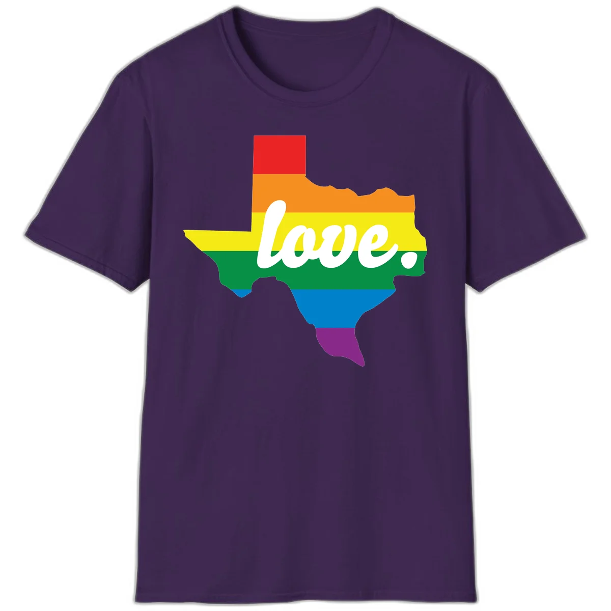 Texas state outline filled with rainbow pride stripes and white script text reading 'love.' in Purple