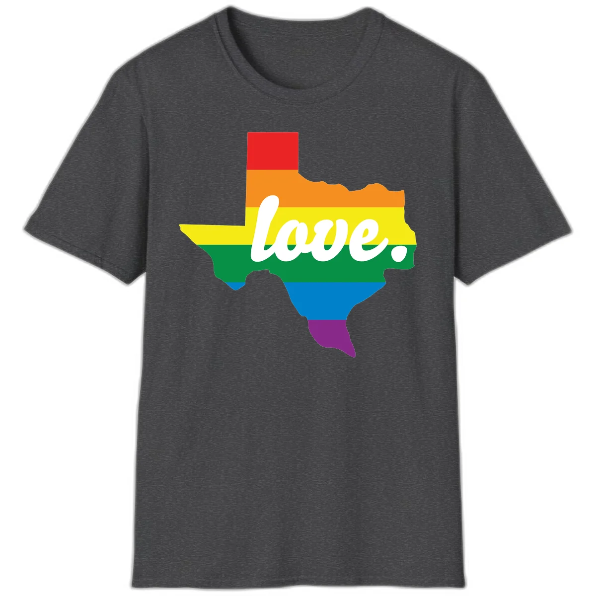 Texas state outline filled with rainbow pride stripes and white script text reading 'love.' in Dark Heather