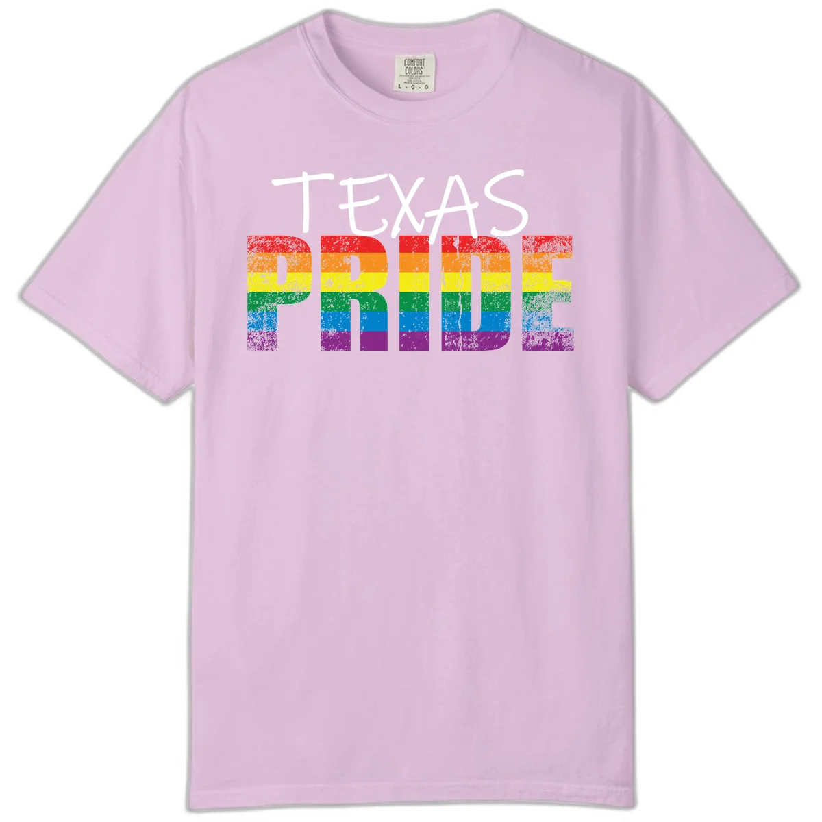White 'TEXAS PRIDE' text with 'PRIDE' filled in rainbow flag stripes on gray background with distressed texture in Orchid