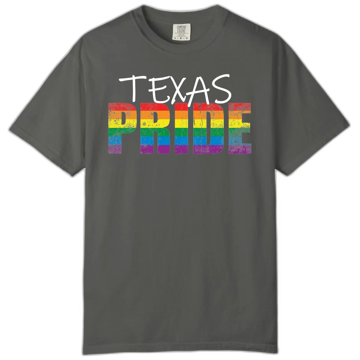 White 'TEXAS PRIDE' text with 'PRIDE' filled in rainbow flag stripes on gray background with distressed texture in Pepper